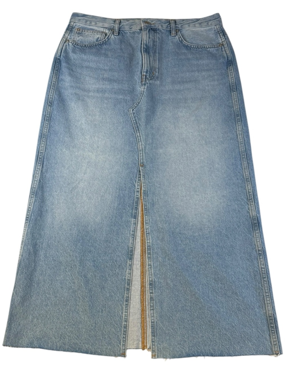 Madewell Denim Maxi Skirt Womens 30 Blue High Rise Front Slit Raw Hem A-Line